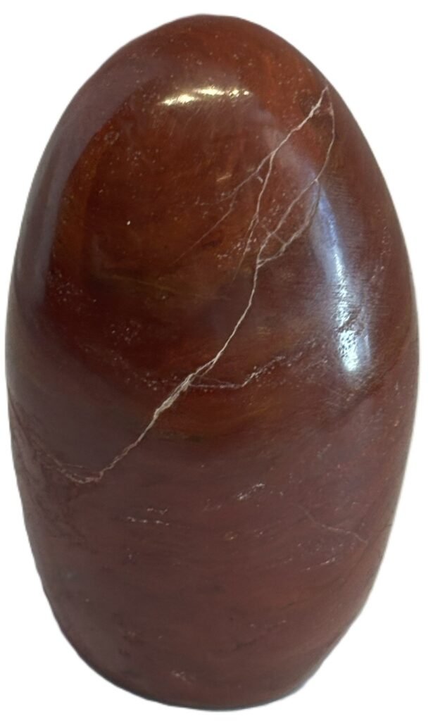 Polished carnelian standing freeform specimen5 4 sians emporium Polished reddish brown oval gemstone with a pale white vein running diagonally across its surface